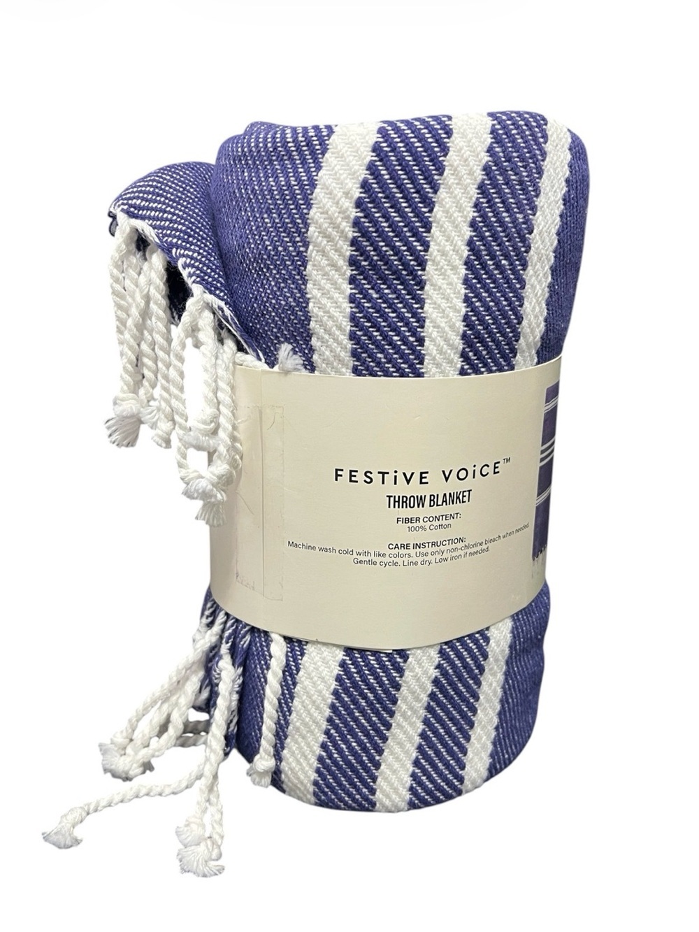 BlueFestive voice throw  blanket Blue & White Striped Throw Blanket with Tassels